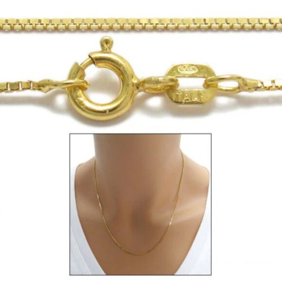 GOLD OVER STERLING SILVER BOX CHAIN NECKLACE 1MM. AVAILABLE IN 7 LENGTHS. - Picture 1 of 4